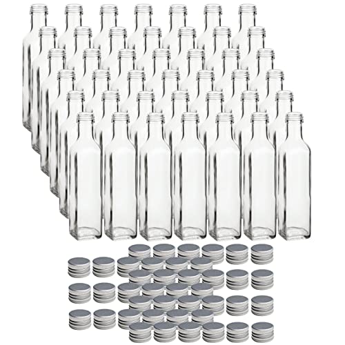 gouveo 42er Set Flasche 250 ml Maraska mit Schraubverschluss silberfarben - Leere Glasflasche zum Befüllen und Verschenken - Eckige Flasche für Likör, Schnaps, Essig, Öl (MFET250S) von gouveo