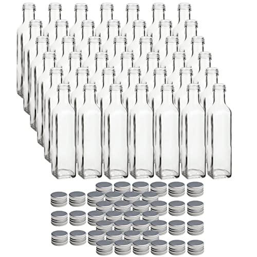 gouveo 42er Set Glasflasche Maraska 250 ml mit Schraubverschluss silberfarben - Kleine Flasche 0,25 l zum Befüllen - Likörflasche, Schnapsflasche, Essigflasche, Ölflasche von gouveo