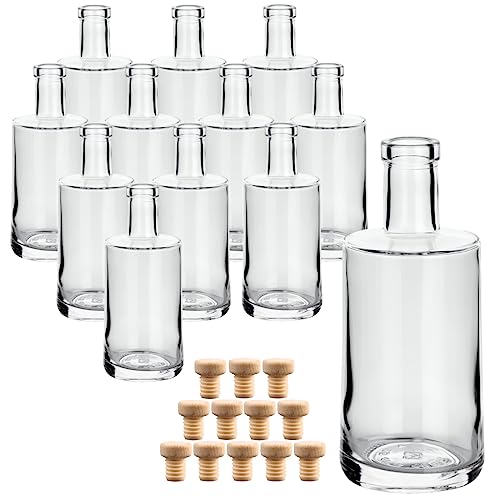 gouveo 12er Set Glasflaschen 250 ml Prim mit Holzgriffkorken - Kleine Flaschen 0,25 l aus hochwertigem Glas mit Korken - Glasflasche mit Korkverschluss zum Befüllen mit Likör, Schnaps, Öl von gouveo