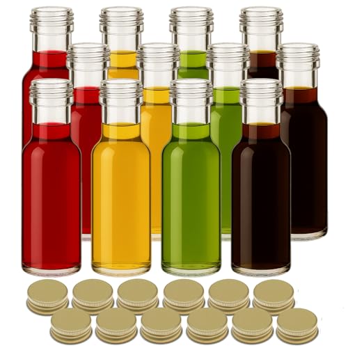 gouveo 12er Set 100 ml Glasflasche Dorica mit Schraubverschluss - Kleine runde Glasflaschen für Öl, Essig, Likör mit PP31.5 Deckel goldfarben - lebensmittelecht, spülmaschinengeeignet (DFT100G) von gouveo