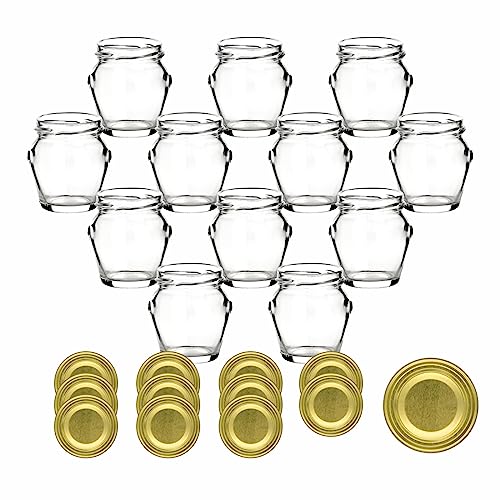 gouveo 12er Set Einmachgläser 106 ml Henkel mit Schraubdeckel - Leere Vorratsgläser zum Einkochen und Aufbewahren - Kleine Gläser für Selbstgemachtes (EGH106G) von gouveo