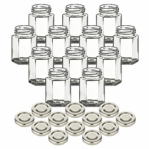 gouveo 12er Set Einmachgläser 120 ml Hexagon Schraub-Deckel silberfarben - Kleine Vorratsgläser 0,12 l mit Schraubverschluss - Leere sechseckige Gläser für Marmelade, Gewürze, Brotaufstrich von gouveo