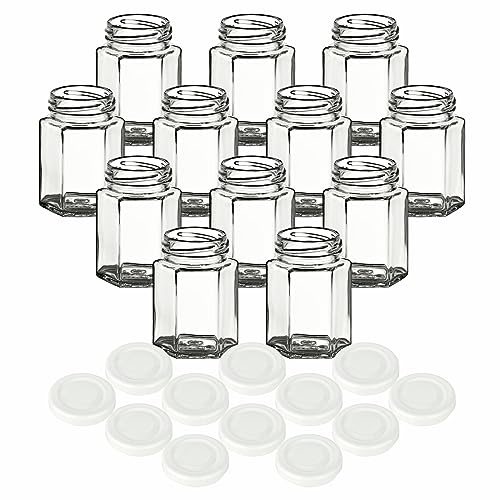 gouveo 12er Set Einmachgläser 120 ml Hexagon Schraub-Deckel Weiss - Kleine Vorratsgläser 0,12 l mit Schraubverschluss - Leere sechseckige Gläser für Marmelade, Gewürze, Brotaufstrich von gouveo