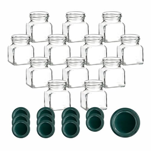 gouveo 12er Set Einmachgläser 120 ml eckig mit Schraubverschluss grün - Kleine Vorratsgläser mit Twist-Off Deckel - Leere Marmeladengläser, Einkochgläser, Gewürzgläser von gouveo