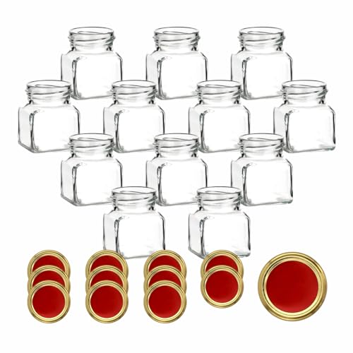 gouveo 12er Set Einmachgläser 120 ml eckig mit Schraubverschluss rot-gold - Kleine Vorratsgläser mit Twist-Off Deckel - Leere Marmeladengläser, Einkochgläser, Gewürzgläser von gouveo