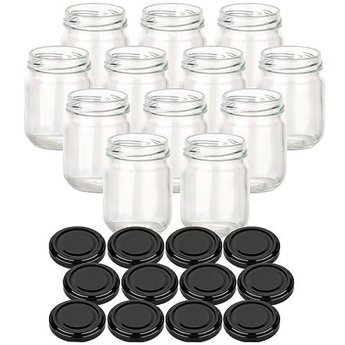 gouveo 12er Set Einmachgläser 130 ml Helix mit Schraubdeckel schwarz - Kleine Vorratsgläser mit Schraubverschluß to 53 mm - Kleine Einmachgläser für Marmelade, Honig, Gewürze, Selbstgemachtes von gouveo