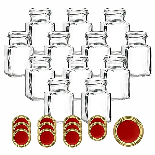 gouveo 12er Set Einmachgläser 150 ml eckig mit Schraub-Deckel rot-gold - Kleine Vorratsgläser mit Schraubverschluss - Leere Gewürzgläser, Marmeladengläser, Einkochgläser von gouveo
