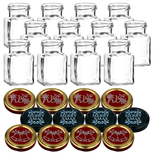 gouveo 12er Set Einmachgläser 150 ml mit Schraubverschluss Weihnachten Set 2 - Eckige Gläser mit farbigen Motiv-Deckel - Schraubglas für Weihnachten von gouveo