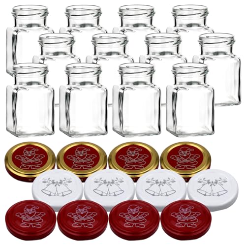 gouveo 12er Set Einmachgläser 150 ml mit Schraubverschluss Weihnachten Set 3 - Eckige Gläser mit farbigen Motiv-Deckel - Schraubglas für Weihnachten gouveo 12er Set Einmachgläser 150 ml mit Schraubverschluss Weihnachten Set 3 - Eckige Gläser mit farbigen Motiv-Deckel - Schraubglas für Weihnachten von gouveo