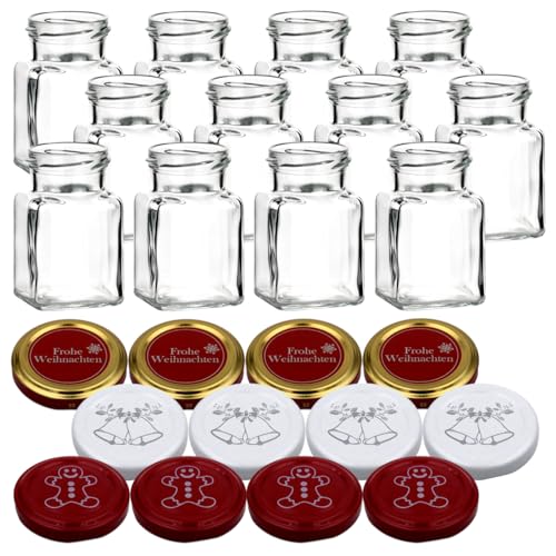 gouveo 12er Set Einmachgläser 150 ml mit Schraubverschluss Weihnachten Set 4 - Eckige Gläser mit farbigen Motiv-Deckel - Schraubglas für Weihnachten gouveo 12er Set Einmachgläser 150 ml mit Schraubverschluss Weihnachten Set 4 - Eckige Gläser mit farbigen Motiv-Deckel - Schraubglas für Weihnachten von gouveo