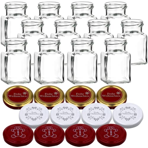 gouveo 12er Set Einmachgläser 150 ml mit Schraubverschluss Weihnachten Set 6 - Eckige Gläser mit farbigen Motiv-Deckel - Schraubglas für Weihnachten von gouveo