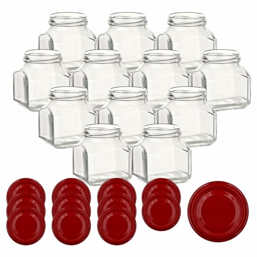 gouveo 12er Set Einmachgläser 212 ml Firenze mit Schraub-Deckel rot - Kleine Vorratsgläser mit Schraubverschluß TO58 mm - Leere Marmeladengläser, Einkochgläser, Gewürzgläser von gouveo