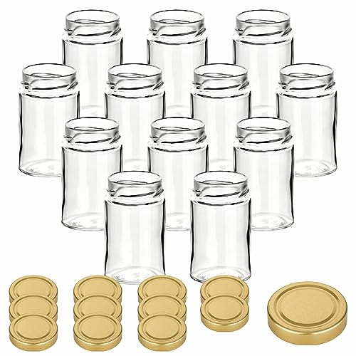 gouveo 12er Set Einmachgläser 212 ml Klassik mit Schraubdeckel goldfarben - Kleine Vorratsgläser mit Verschluss TO58 Deep - Leere Gläser für Marmelade, zum Einkochen und Aufbewahren gouveo 12er Set Einmachgläser 212 ml Klassik mit Schraubdeckel goldfarben - Kleine Vorratsgläser mit Verschluss TO58 Deep - Leere Gläser für Marmelade, zum Einkochen und Aufbewahren von gouveo