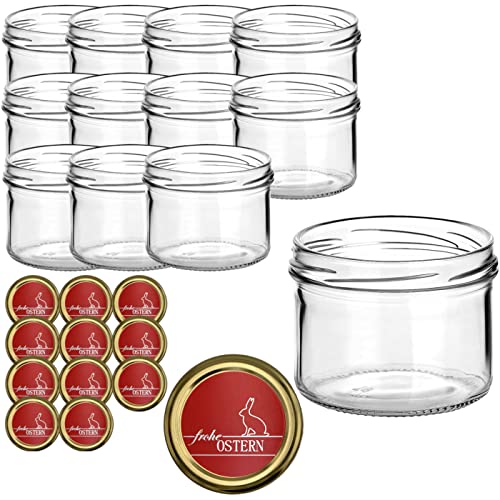 gouveo 12er Set Einmachgläser 230 ml mit Motivdeckel rotgold Frohe Ostern Motiv 1 - Vorratsgläser, Marmeladengläser, Einkochgläser, Einweckgläser für das Osterfest von gouveo