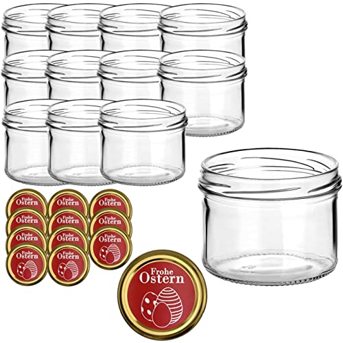 gouveo 12er Set Einmachgläser 230 ml mit Motivdeckel rotgold Frohe Ostern Motiv 3 - Vorratsgläser, Marmeladengläser, Einkochgläser, Einweckgläser für das Osterfest von gouveo