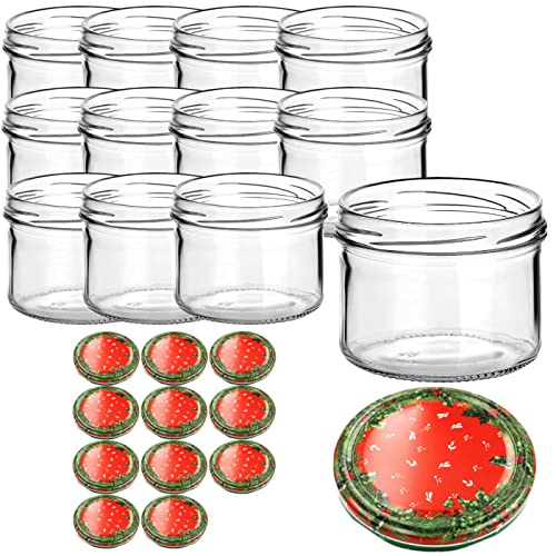 gouveo 12er Set Einmachgläser 230 ml mit Weihnachtsdeckel Weihnachtskranz - Leere Vorratsgläser mit TO82 Verschluss - Kleine Marmeladengläser, Einkochgläser, Einweckgläser für Weihnachten von gouveo