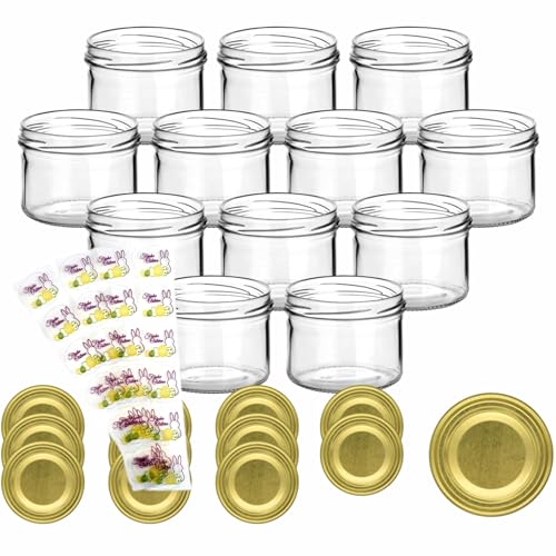 gouveo 12er Set Einmachgläser 230 ml mit goldfarbenen Deckel und 24 Oster-Aufkleber - Vorratsgläser, Marmeladengläser, Einkochgläser, Geschenkgläser für das Osterfest von gouveo