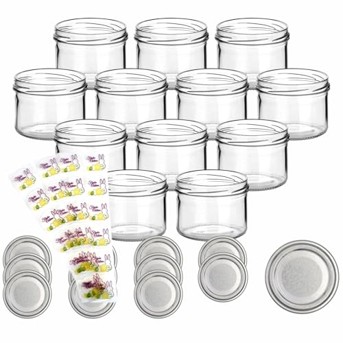 gouveo 12er Set Einmachgläser 230 ml mit silberfarbenen Deckel und 24 Oster-Aufkleber - Vorratsgläser, Marmeladengläser, Einkochgläser, Geschenkgläser für das Osterfest gouveo 12er Set Einmachgläser 230 ml mit silberfarbenen Deckel und 24 Oster-Aufkleber - Vorratsgläser, Marmeladengläser, Einkochgläser, Geschenkgläser für das Osterfest von gouveo