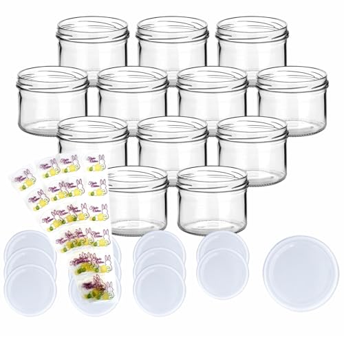gouveo 12er Set Einmachgläser 230 ml mit weißen Deckel und 24 Oster-Aufkleber - Vorratsgläser, Marmeladengläser, Einkochgläser, Geschenkgläser für das Osterfest von gouveo