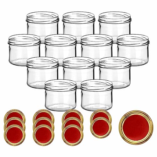 gouveo 12er Set Einmachgläser 230 ml rund mit Schraub-Deckel rot-Gold - Vorratsgläser mit Drehverschluss TO82 - Marmeladengläser, Einkochgläser, Wurstgläser von gouveo