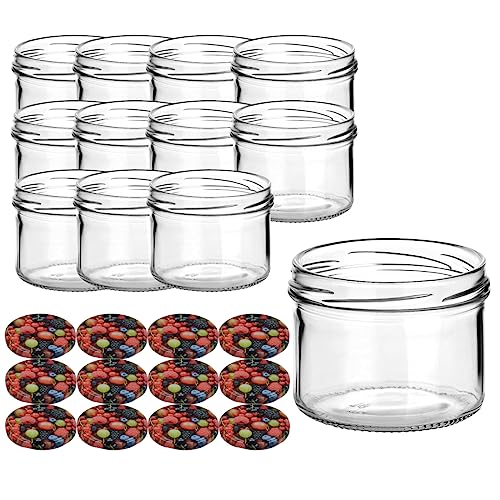 gouveo 12er Set Einmachgläser 230 ml rund mit Schraubdeckel Beeren - Vorratsgläser mit Drehverschluss TO82 - Marmeladengläser, Einkochgläser, Wurstgläser von gouveo