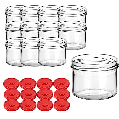 gouveo 12er Set Einmachgläser 230 ml rund mit Schraubdeckel rot - Vorratsgläser mit Drehverschluss TO82 - Marmeladengläser, Einkochgläser, Wurstgläser von gouveo