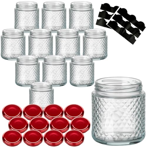 gouveo 12er Set Einmachgläser 280 ml Kristall rund mit Schraubdeckel rot - Leere Vorratsgläser zum Einkochen und Aufbewahren - Kleine Schmuckgläser mit Diamant-Muster (EGK280R) von gouveo