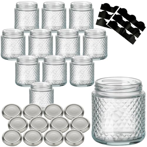 gouveo 12er Set Einmachgläser 280 ml Kristall rund mit Schraubdeckel silberfarben - Leere Vorratsgläser zum Einkochen und Aufbewahren - Kleine Schmuckgläser mit Diamant-Muster (EGK280S) von gouveo