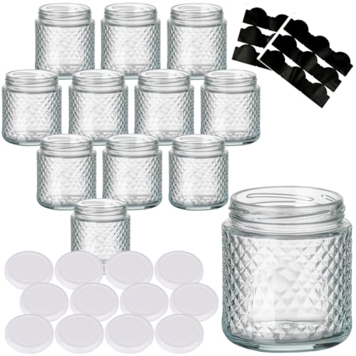 gouveo 12er Set Einmachgläser 280 ml Kristall rund mit Schraubdeckel Weiss - Leere Vorratsgläser zum Einkochen und Aufbewahren - Kleine Schmuckgläser mit Diamant-Muster (EGK280W) von gouveo