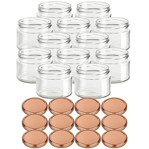 gouveo 12er Set Einmachgläser 300 ml Salsa mit Schraub-Deckel bronzefarben - Vorratsgläser mit Drehverschluss TO82 - Marmeladengläser, Einkochgläser, Gewürzgläser, Einweckgläser von gouveo