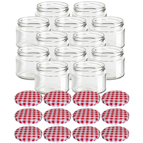 gouveo 12er Set Einmachgläser 300 ml Salsa mit Schraub-Deckel karo-rot - Vorratsgläser mit Drehverschluss TO82 - Marmeladengläser, Einkochgläser, Gewürzgläser, Einweckgläser von gouveo