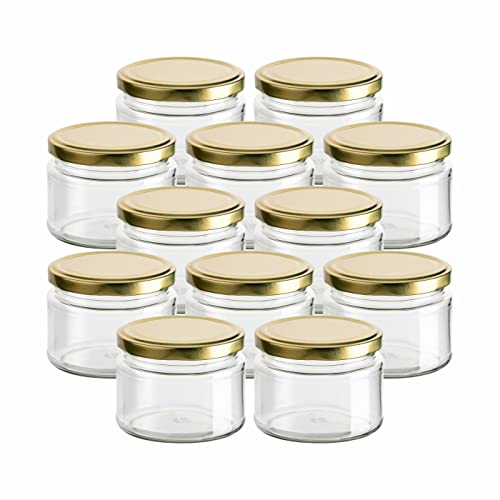 gouveo 12er Set Einmachgläser 300 ml Salsa mit Schraubdeckel goldfarben - Vorratsgläser mit Drehverschluss TO82 - Schraubgläser für Marmelade, Honig, Dip, Gewürze (EGS300G) gouveo 12er Set Einmachgläser 300 ml Salsa mit Schraubdeckel goldfarben - Vorratsgläser mit Drehverschluss TO82 - Schraubgläser für Marmelade, Honig, Dip, Gewürze (EGS300G) von gouveo