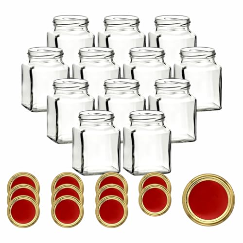 gouveo 12er Set Einmachgläser 314 ml eckig mit Schraub-Deckel rotgold - Kleine Vorratsgläser 0,3 l mit Schraubverschluss TO63 - Leere Gläser zum Einkochen, Einwecken und Aufbewahren gouveo 12er Set Einmachgläser 314 ml eckig mit Schraub-Deckel rotgold - Kleine Vorratsgläser 0,3 l mit Schraubverschluss TO63 - Leere Gläser zum Einkochen, Einwecken und Aufbewahren von gouveo