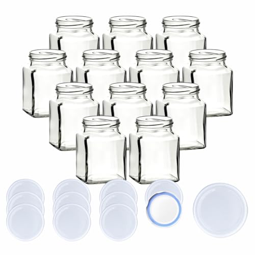 gouveo 12er Set Einmachgläser 314 ml eckig mit Schraub-Deckel weiß BlueSeal - Vorratsgläser 0,3 l mit Schraubverschluss TO63 - Leere Gläser zum Einkochen, Einwecken und Aufbewahren von gouveo