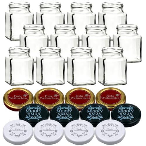 gouveo 12er Set Einmachgläser 314 ml eckig mit Schraubverschluss Weihnachten Set 4 - Eckige Gläser mit farbigen Motiv-Deckel - Schraubglas für Weihnachten gouveo 12er Set Einmachgläser 314 ml eckig mit Schraubverschluss Weihnachten Set 4 - Eckige Gläser mit farbigen Motiv-Deckel - Schraubglas für Weihnachten von gouveo