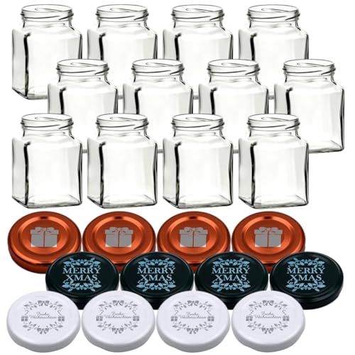 gouveo 12er Set Einmachgläser 314 ml eckig mit Schraubverschluss Weihnachten Set 5 - Eckige Gläser mit farbigen Motiv-Deckel - Schraubglas für Weihnachten von gouveo