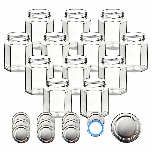 gouveo 12er Set Einmachgläser 332 ml Hexagon Schraub-Deckel silberfarben BS - Vorratsgläser 0,332 l mit Twist-Off-Deckel 66 Deep - Leere sechseckige Gläser zum Einkochen, Aufbewahren von gouveo