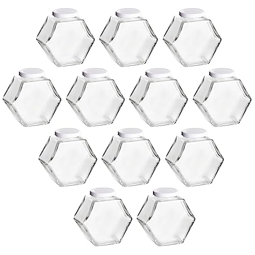 gouveo 12er Set Einmachgläser 380 ml Wabe mit Schraub-Deckel weiss - Schöne Vorratsgläser mit Schraubverschluß - Leere Schraubgläser für Honig, Marmelade (EGW380W) von gouveo