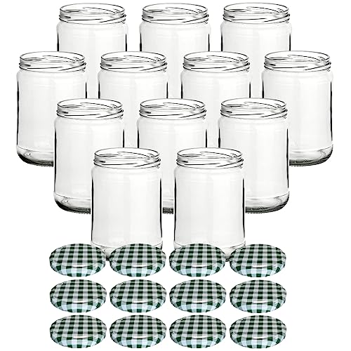 gouveo 12er Set Einmachgläser 580 ml Klassik mit Schraub-Deckel karo-grün - Vorratsgläser mit Drehverschluss TO82 - Leere Marmeladengläser, Einkochgläser, Einweckgläser von gouveo