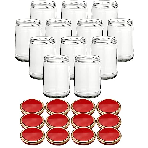 gouveo 12er Set Einmachgläser 580 ml Klassik mit Schraub-Deckel rot-Gold - Vorratsgläser mit Drehverschluss TO82 - Leere Marmeladengläser, Einkochgläser, Einweckgläser von gouveo