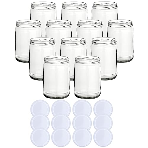 gouveo 12er Set Einmachgläser 580 ml Klassik mit Schraub-Deckel Weiss - Vorratsgläser mit Drehverschluss TO82 - Leere Marmeladengläser, Einkochgläser, Einweckgläser von gouveo