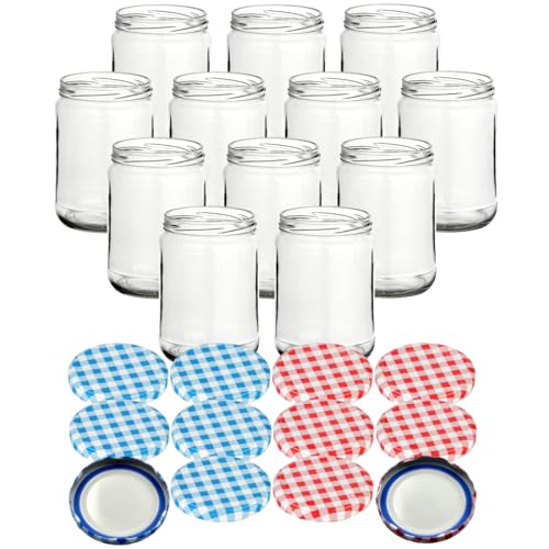 gouveo 12er Set Einmachgläser 580 ml rund mit BlueSeal Schraub-Deckel in karoblau und karorot - Leere Vorratsgläser mit TO Ø 82 mm - Bohnenglas von gouveo