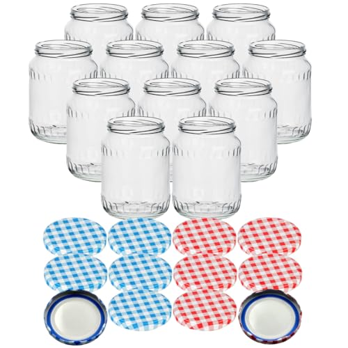 gouveo 12er Set Einmachgläser 720 ml rund mit BlueSeal Schraub-Deckel in karoblau und karorot - Leere Vorratsgläser mit TO Ø 82 mm - Facettenglas von gouveo