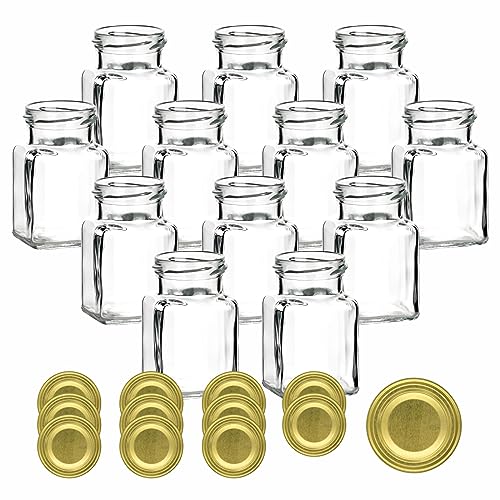 gouveo 12er Set Einmachgläser 150 ml eckig mit Schraub-Deckel goldfarben - Kleine Vorratsgläser mit Schraubverschluss - Leere Gewürzgläser, Marmeladengläser, Einkochgläser, Einweckgläser von gouveo