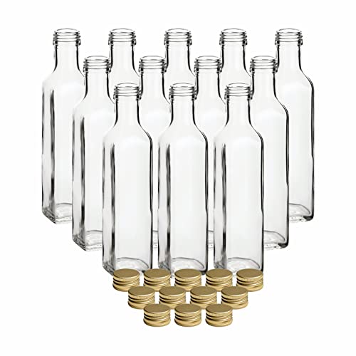gouveo 12er Set Flasche 250 ml Maraska mit Schraubverschluss goldfarben - Leere Glasflasche zum Befüllen und Verschenken - Echige Flasche für Likör, Schnaps, Essig, Öl (MFET250G) gouveo 12er Set Flasche 250 ml Maraska mit Schraubverschluss goldfarben - Leere Glasflasche zum Befüllen und Verschenken - Echige Flasche für Likör, Schnaps, Essig, Öl (MFET250G) von gouveo