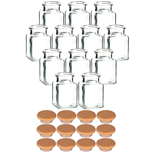 gouveo 12er Set Gewürzgläser 150 ml eckig mit Holzdeckel Buche - Kleine Korkengläser mit Holz-Korken - Leere Vorratsgläser für Kräuter, Gewürze - Glasdose für Büro, Bastelzubehör von gouveo