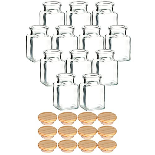 gouveo 12er Set Gewürzgläser 150 ml eckig mit Holzdeckel Pinie - Kleine Korkengläser mit Holz-Korken - Leere Vorratsgläser für Kräuter, Gewürze - Glasdose für Büro, Bastelzubehör von gouveo