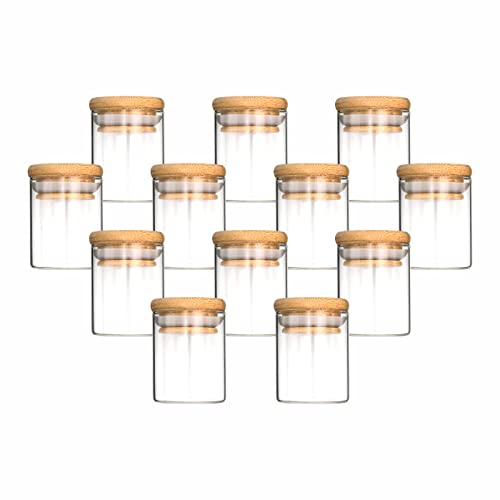 gouveo 12er Set Glasbehälter 50 ml rund aus Borosilikatglas mit Deckel - Kleine Vorratsgläser mit Verschluss - Vorratsdose für Gewürze, Kräuter von gouveo
