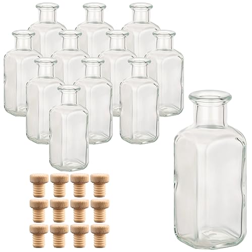 gouveo 12er Set Glasflasche 100 ml Apotheker eckig mit Holzgriffkorken (HGK) - Kleine 0,1 l Flasche aus Glas zum Befüllen und Verschenken - Leere Korken-Flasche für Likör, Schnaps, Öl von gouveo