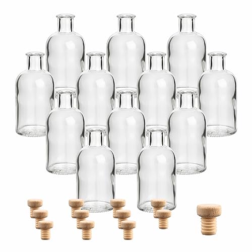gouveo 12er Set Glasflasche 100 ml Apotheker rund mit Holzgriffkorken (HGK) - Kleine 0,1 l Flasche aus Glas zum Befüllen und Verschenken - Leere Korken-Flasche für Likör, Schnaps, Öl von gouveo